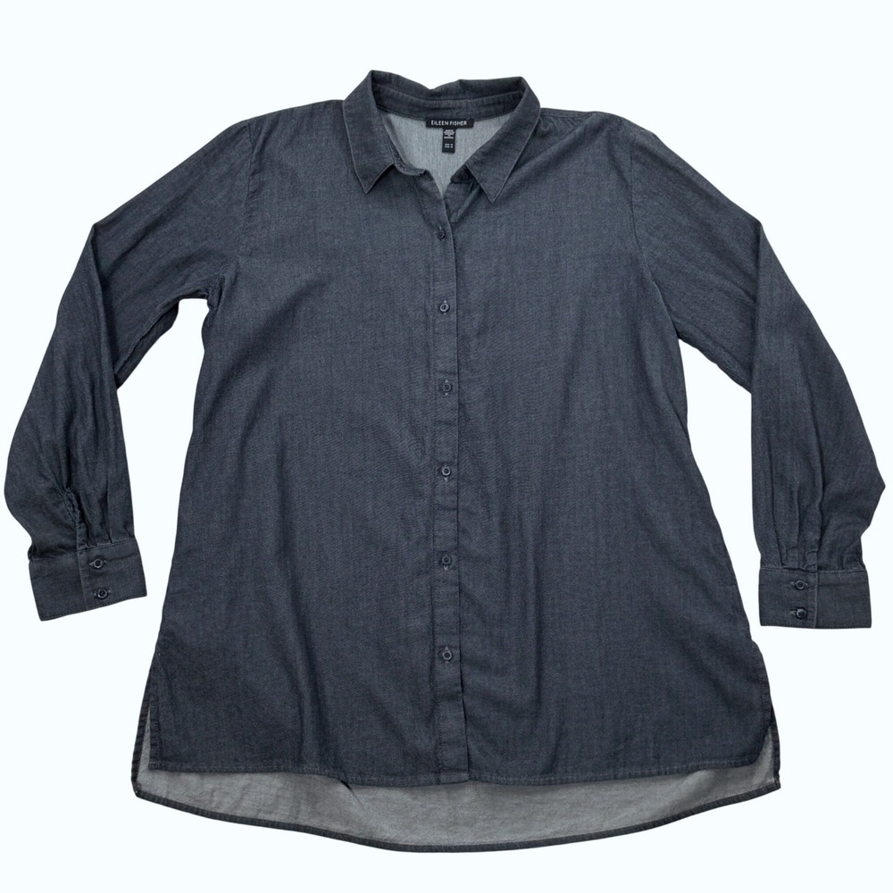 Eileen Fisher Womens Lightweight Organic Cotton Denim Shirt MED Hi Low Capsule